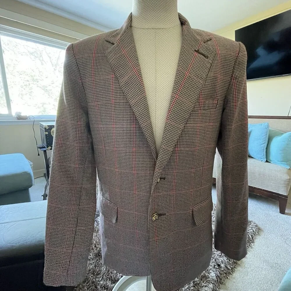 Men's Houndstooth Wool Blend Blazer Gold Buttons Jacket Size Large Preppy Career